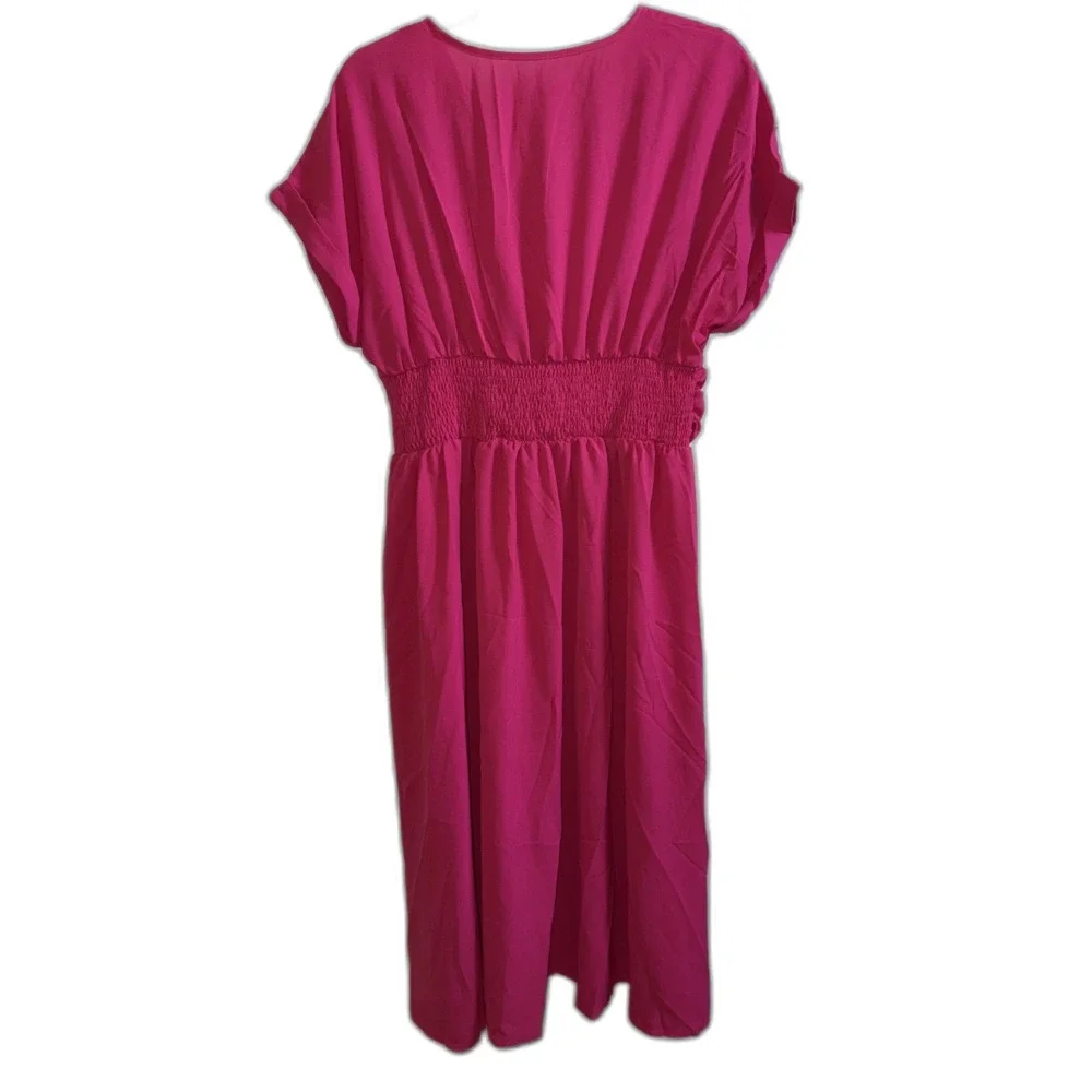 Hot Pink V-Neck Faux Wrap Maxi Dress Smocked Waist XL - Picture 2 of 7